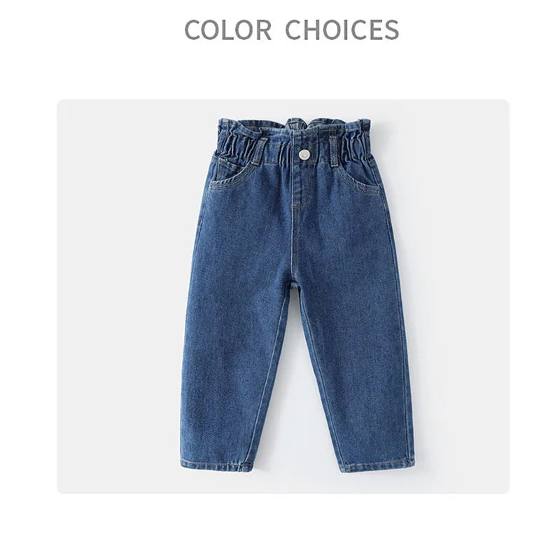 New Spring Kids Jeans Girls Boys Cute Solid Colour Denim Blue Pants Children Loose Trousers 4-6Y Unisex