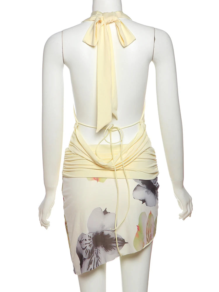 Temperament 2-Piece Set Women Halter Backless Swing Collar Tops + Wear Both Front And Back Patchwork Skirts Matching Suits