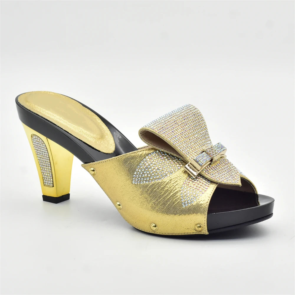 Gold Color Women Slippers Shoes African Women Wedding Shoes Elegant Italian Woman Shoes with Stone High Heels Woman Summer Pumps