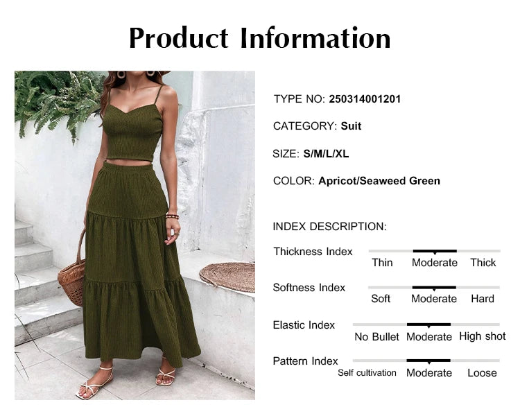 Sets Summer Simple Decent Solid Colour Screw Thread Sleeveless Sweetheart Neck High Waist Pleated Skirt Sets For Women