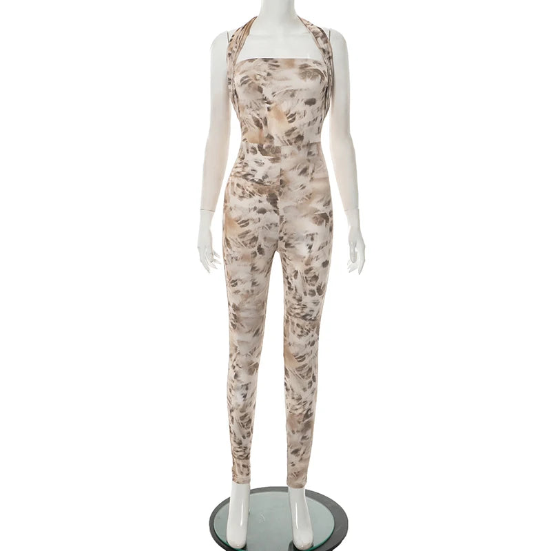 Cross Halter Jumpsuit Dames Zomer Blad Print Rugloos Mouwloos Stretch Fitness Activiteit Streetwear Overalls