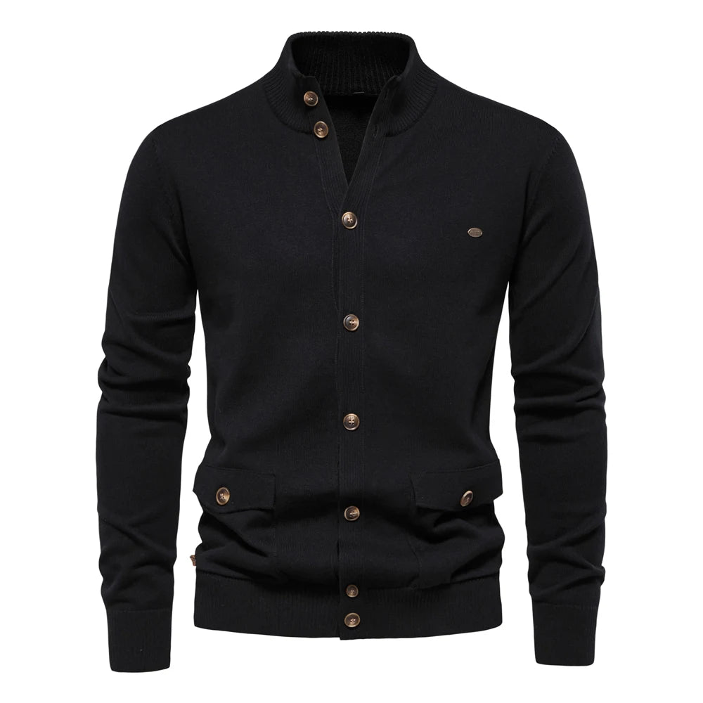 Men's Knitted Stand Mock Neck Cotton Cardigan Casual Social Autumn Button-Up Sweater Jacket for Men