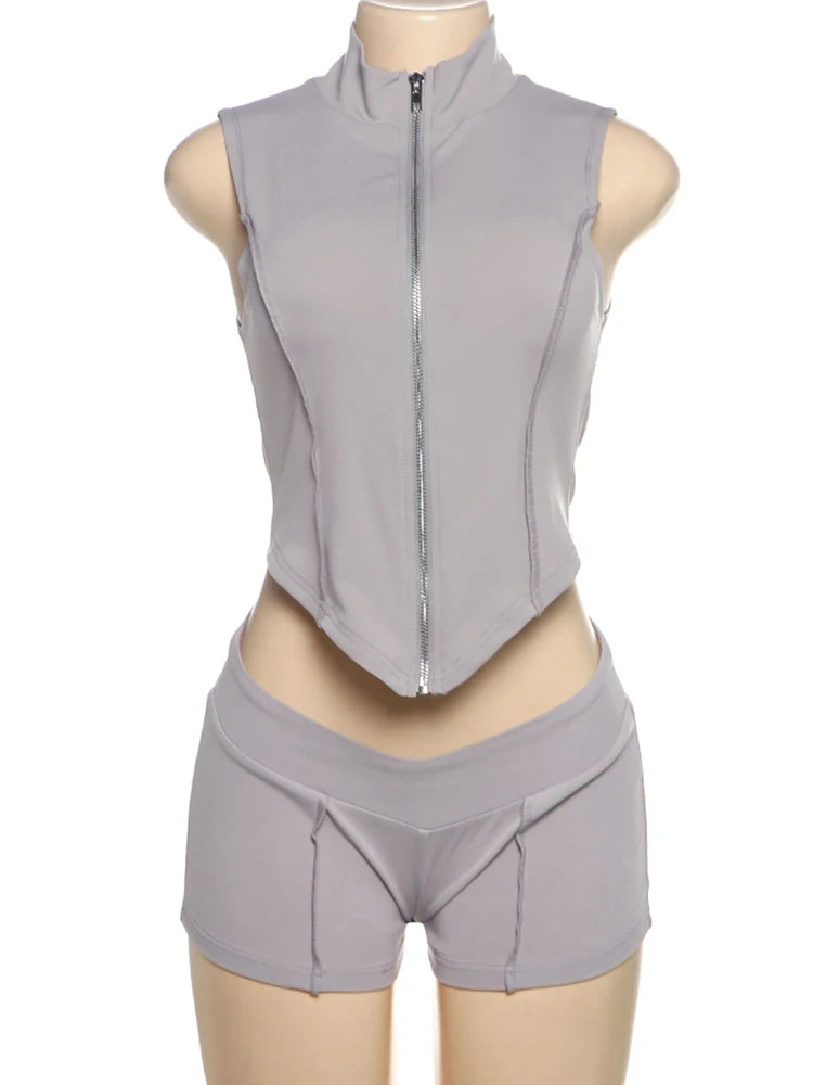 Lines Patchwork 2 Piece Set Women Zipper Cardigan Irregular Crop Top + Skinny Peach Hip Shorts Simple Sporty Street Wears