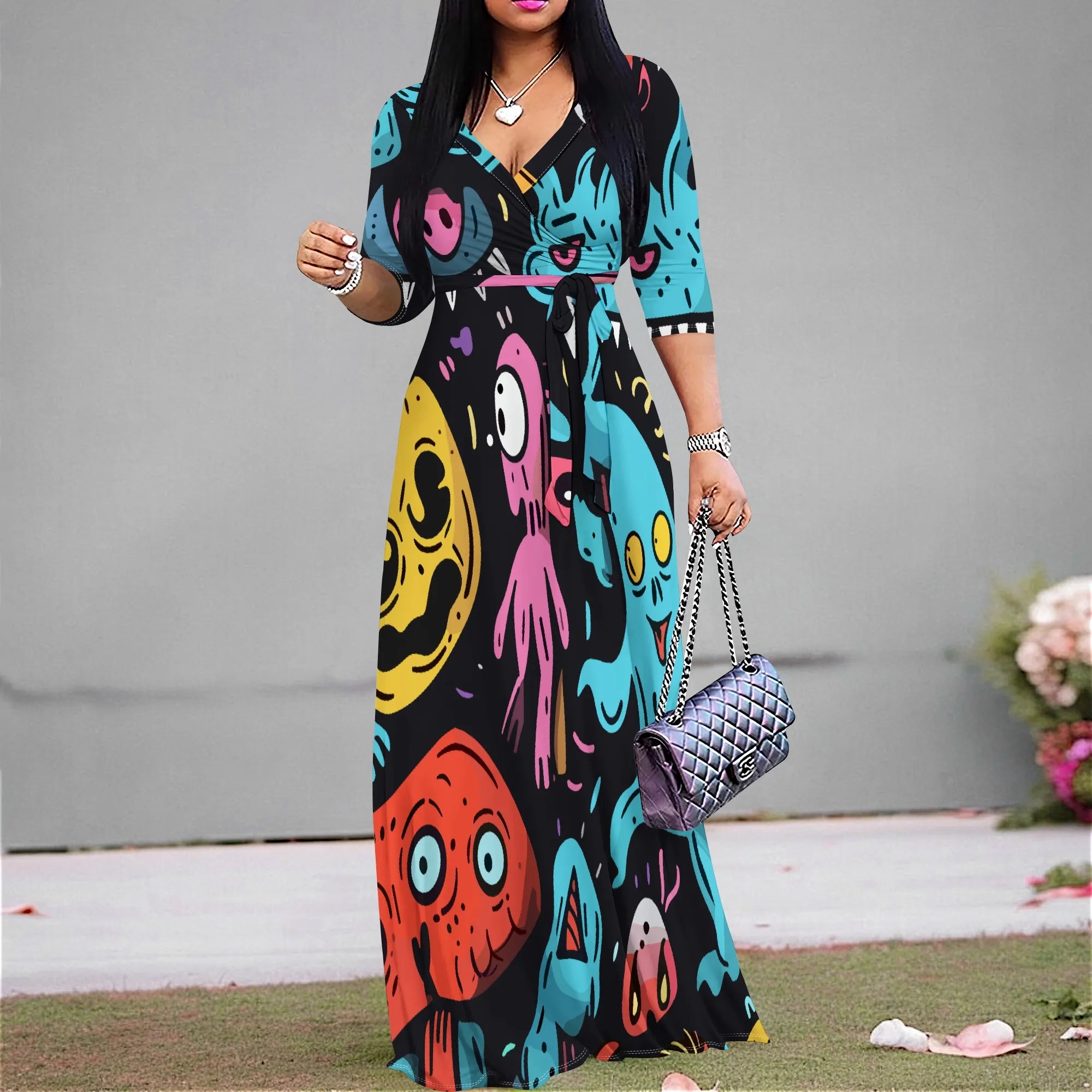 Plus Size Maxi Dress for Women Casual Summer Sundress V-Neck 3/4 Sleeve