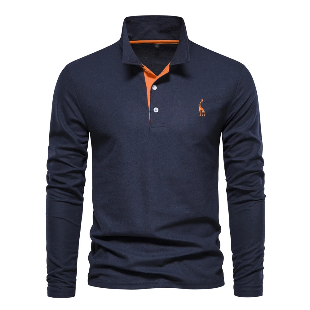 New Men's Deer Embroidery Polo Shirts Solid Colour Long Sleeve Social Business Male