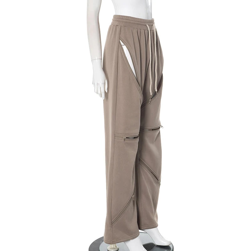 Zip Hollow Pants Street Fashion Trend Casual Sportief Effen Chic Devise Onregelmatig Basic Hipster Wijde Broeken Voor Vrouwen