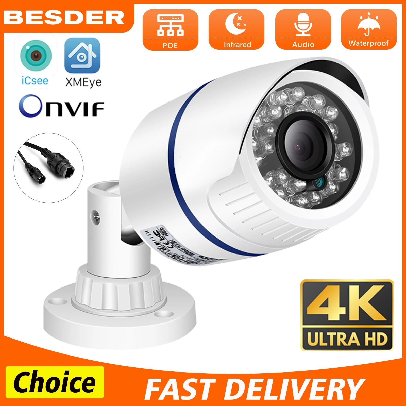 Poe Camera 48V POE/DC 12V 4MP/5MP/8MP H.265 Onvif Security Surveillance Bullet CCTV Camera Color Night Vision Outdoor IP Camera