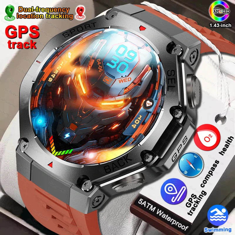 GPS Smartwatch 1,43" HD AMOLED-scherm Ingebouwde GPS Bluetooth-oproepen Waterdicht zwemkompas GPS-sportsmartwatch voor mannen