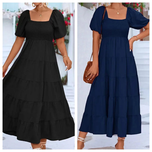 Dresses For Women  Streetwear Plus Size Square Neck Backless Puff Sleeve Pleated Short Sleeve Dress