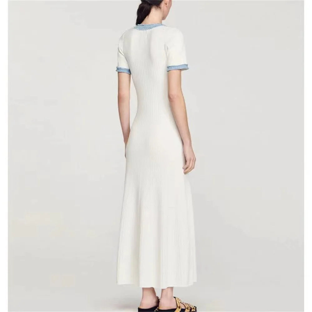 Elegant Contrasting Women Knit Maxi Dress Chic O-neck Short Sleeve Metal Buttons Bodycon Dresses Office Lady Commuting Robe