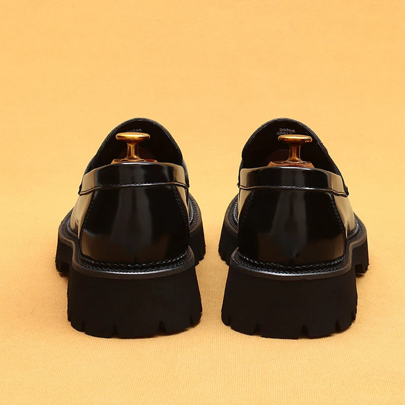 Cow Leather British Loafers Men Glossy Leather Business Casual Heightening Shoes - Non-Slip Tire Soles Dress and Round Toe Shoes