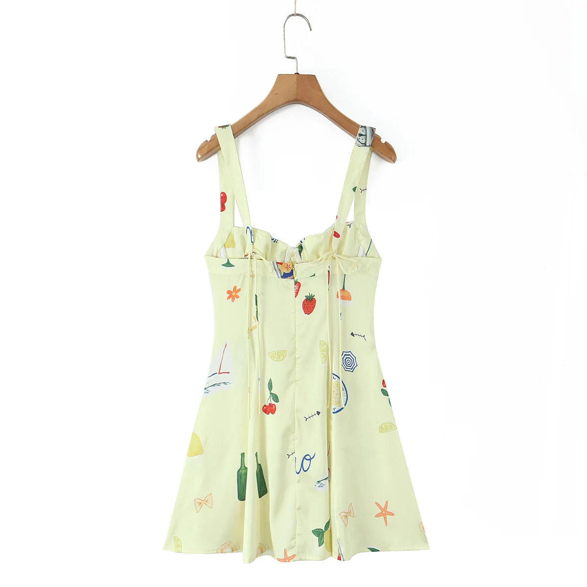 Cute Print Yellow Sexy Corset Style Sling Mini Dresses Women Summer A-line Holiday Dress Backless Robe