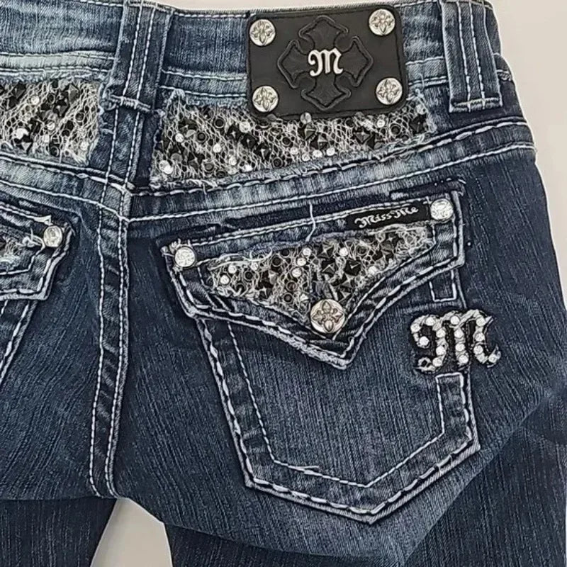 Women's Gothic Jeans Y2K Clothes Harajuku Hip Hop Pocket Embroidery Vintage Dark Blue Baggy Jeans High Waist Slim Flared Trousers