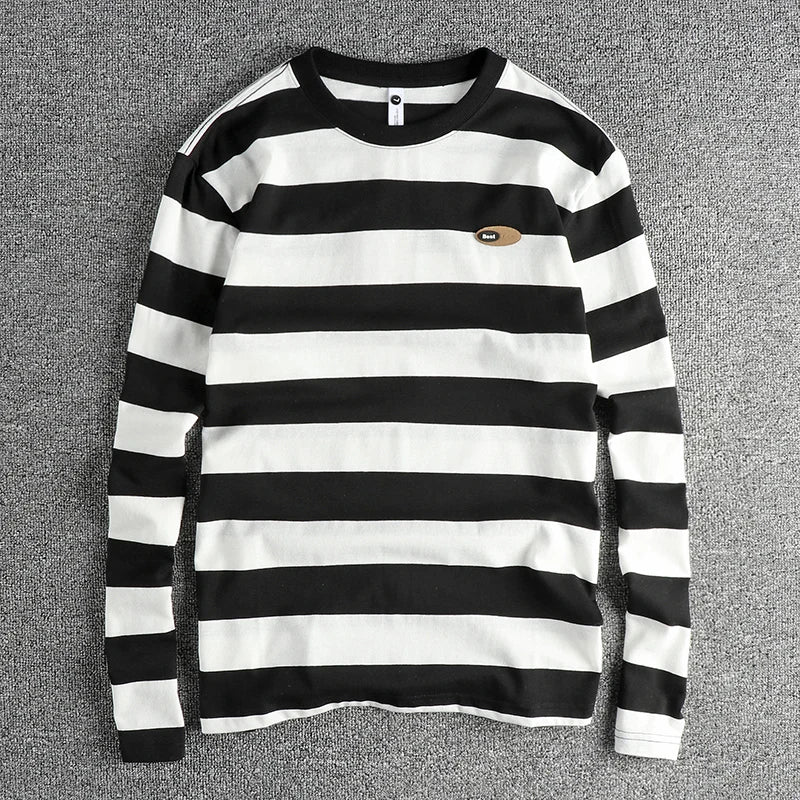 2024 Autumn New American Retro Long Sleeve O-neck Micro Chapter Striped T-shirt Men's Fashion 100% Cotton Washed Casual Tops
