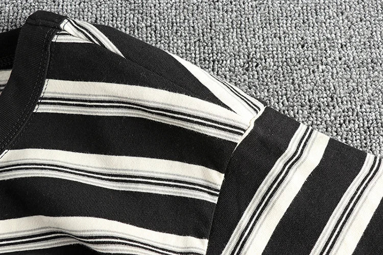2024 Summer New American Retro 240g Short Sleeve O-neck Striped T-shirt Men's Simple 100% Cotton Washed Heavyweight Casual Tops