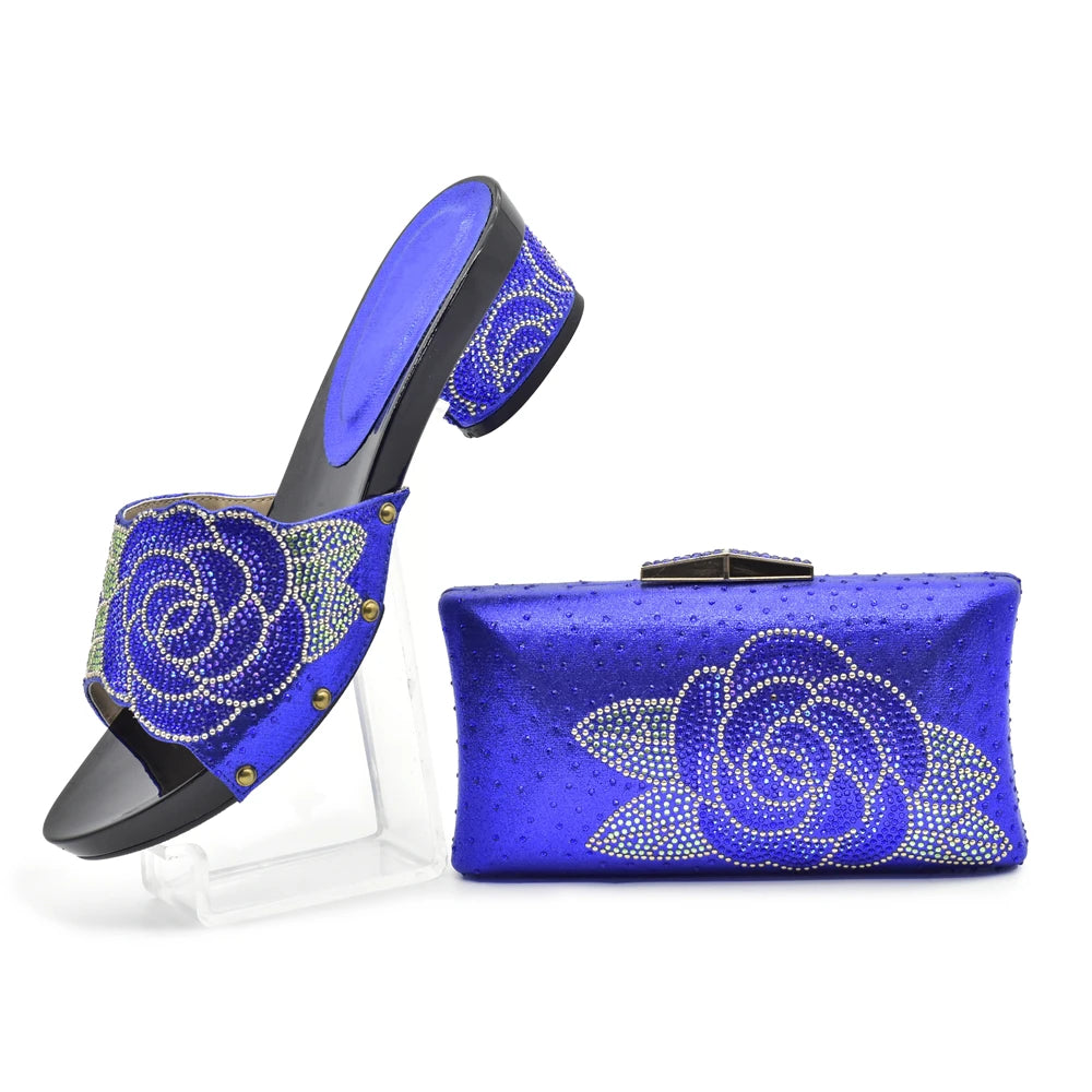 Women's Italian Shoes with Matching Bags Set Decorated with Rhinestone Open Toe Ladies' Slippers Shoes