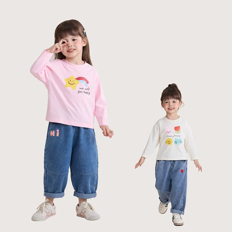 New Spring Girls Boys Cute T-shirt Kids Cartoon Letter Star Flower Undershirts Children Thin Style Bottoming Shirt 7T Unisex