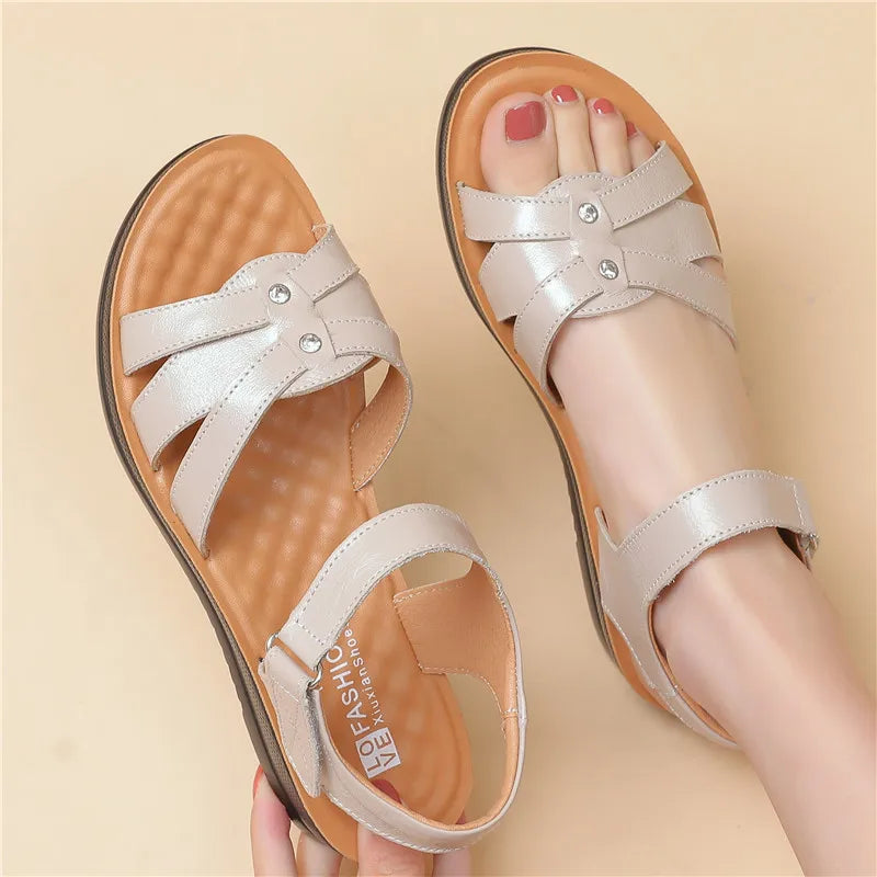 Women's Female Ladies Mother Genuine Leather Sandals Platform Shoes Non Slip Summer Cool Beach Hook Loop Plus Size 42 43