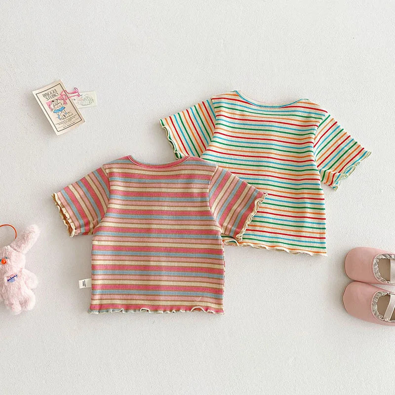 New Summer Girls Colourful Striped Cardigan Kids Short-Sleeved Knitted Sweater Children Cute Lace Bow Jeans 0-5Y Girls