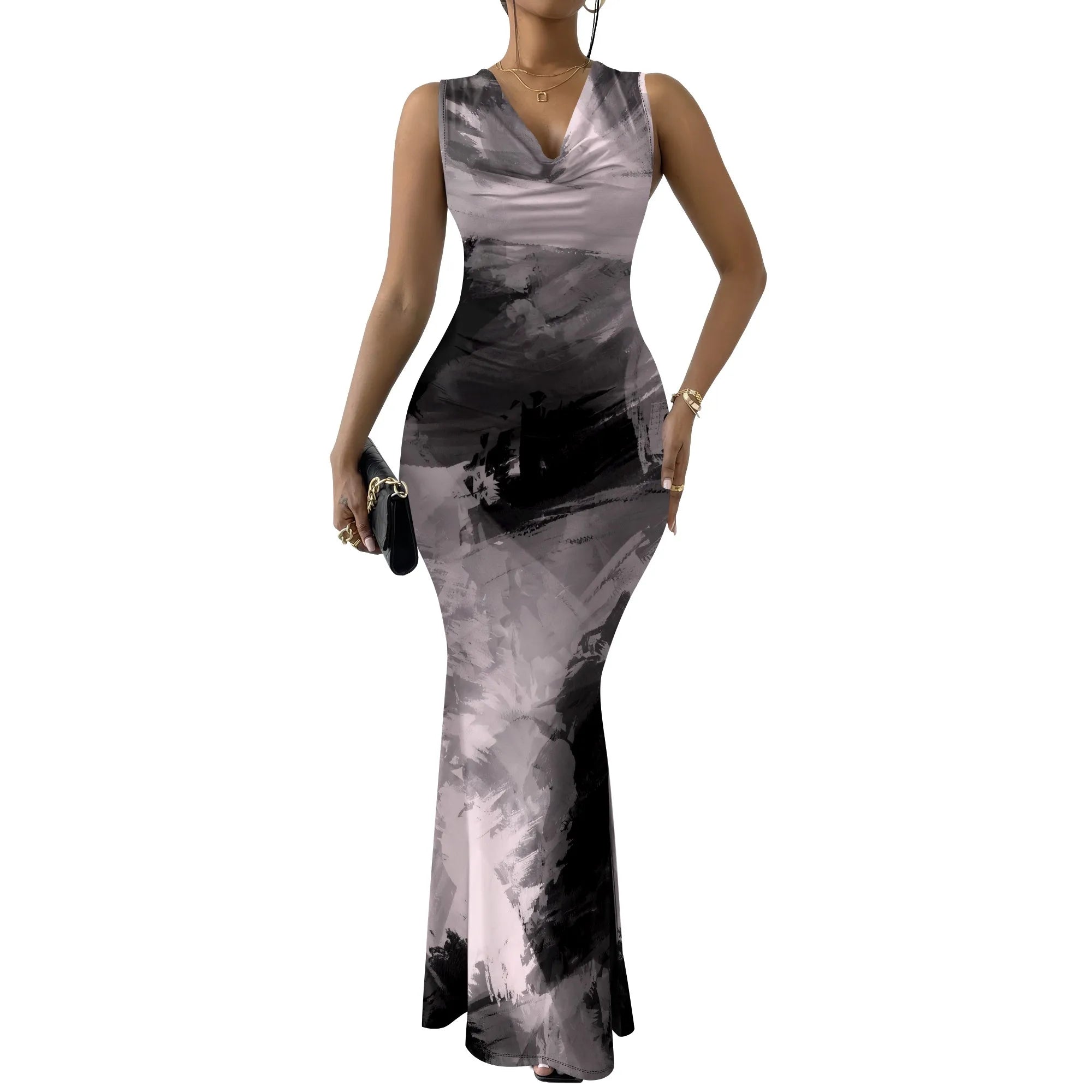 Women's V-Neck Sleeveless Maxi Dress Vintage Red Floral Print Elegant Bodycon Evening Dress