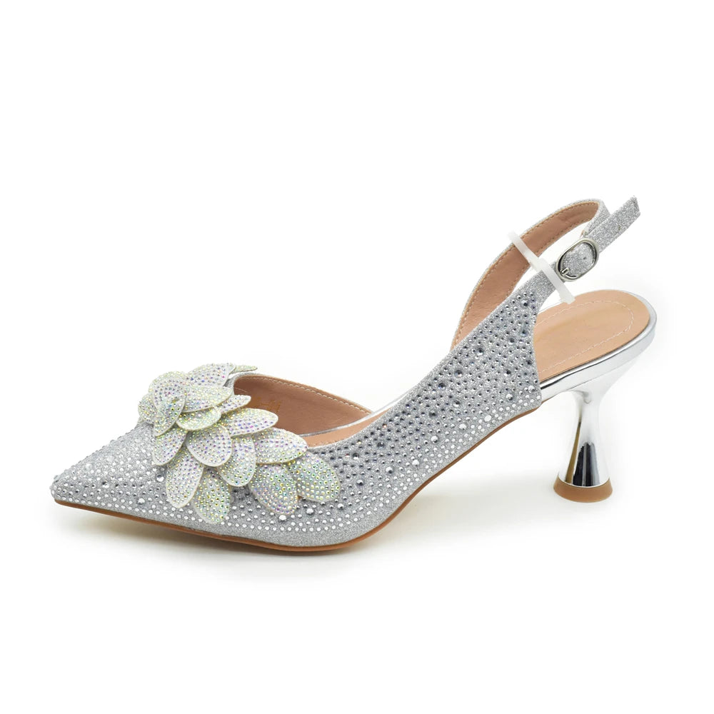 Women High Heel Pointed-Toe Italian Shoes and Bags Matching Set for Ladies Decorated With Rhinestone and Paired with Handmade Petal