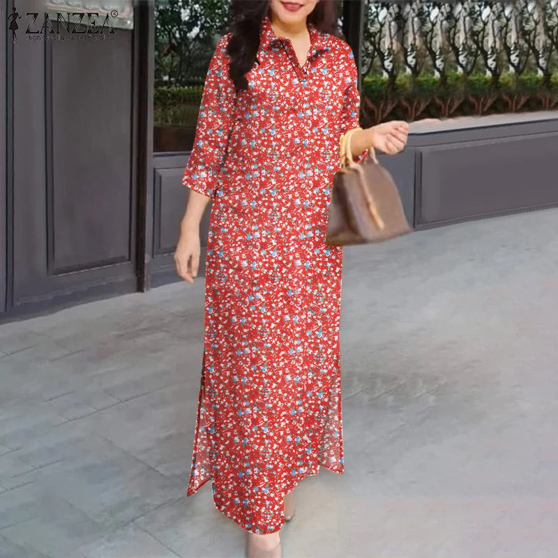 2025 Spring 3/4 Sleeve Maxi Dress Turn-down Collar Holiday Shirt Dress Loose Casual Floral Printed Women Vintage Vestidos