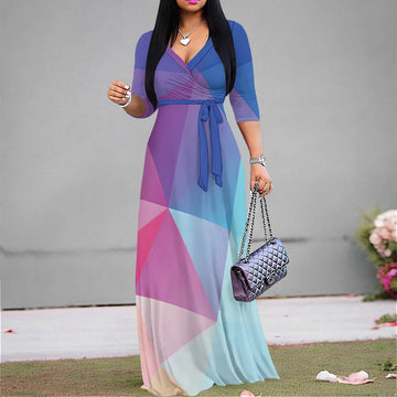 Women's Floral Print Maxi Party Dresses Summer 2025 with Pockets Casual 3 4 Sleeve V-Neck Wrap Tie Waist Long Dress