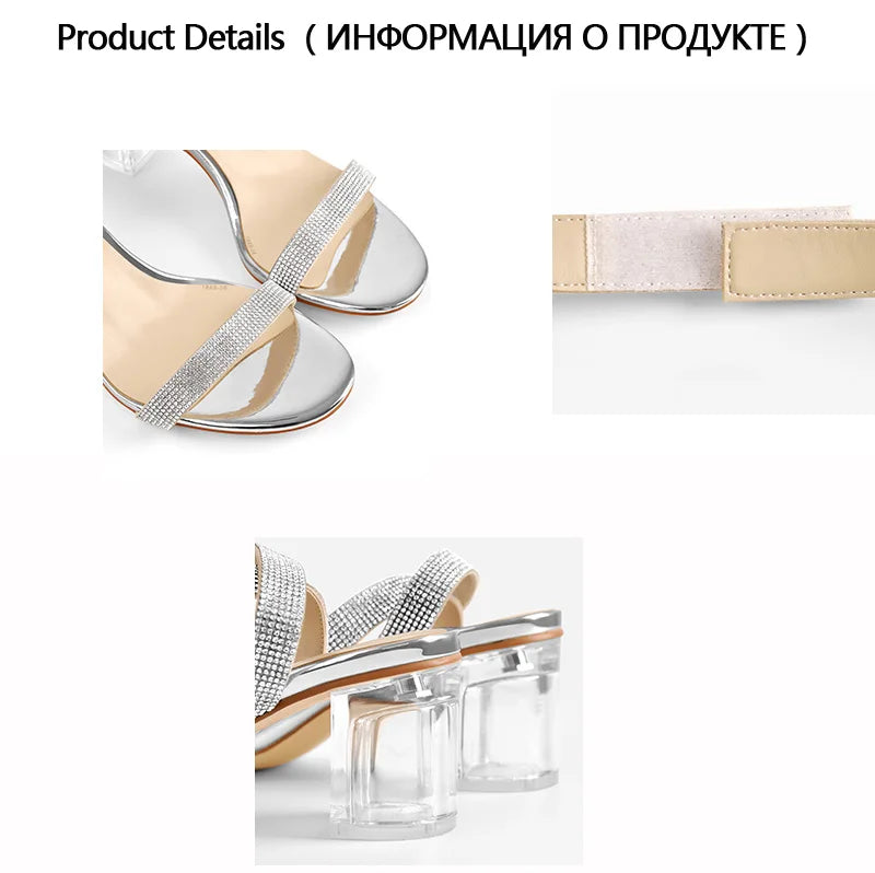 Women Peep Toe Rhinestone Strap Clear Block Chunky Sandals Transparent Perspex Chunky Heels Summer Sandals