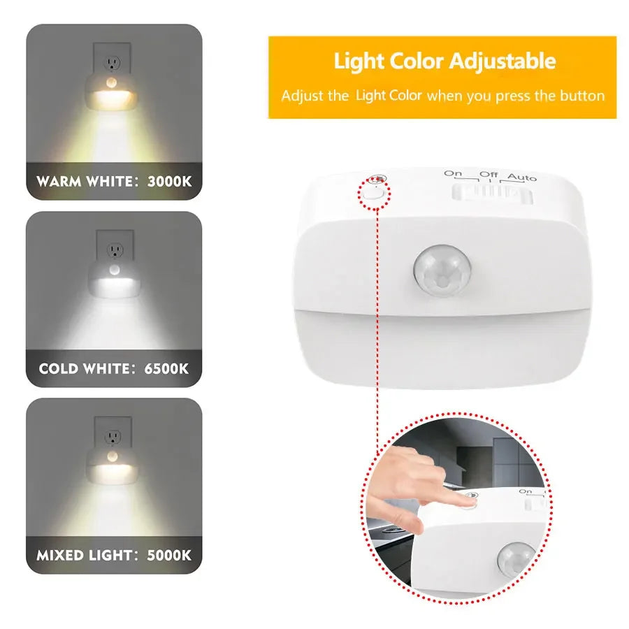 3-kleuren LED-nachtlampje met bewegingssensor EU US-stekker PIR-menselijke infraroodinductielamp voor slaapkamer, gang, trap, keuken