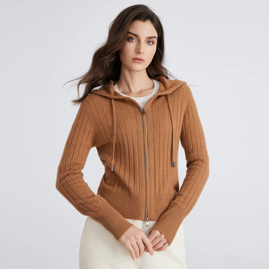 Women's High-Quality Winter Luxury Brand Long-Sleeved Hooded Cardigan & Knitted Sweater With 94% Cashmere For Ladies