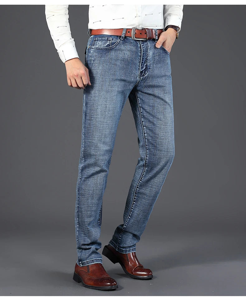 New Business Men's Jeans Casual Straight Stretch Fashion Classic Blue Black Work Denim Trousers Male Brand Clothing