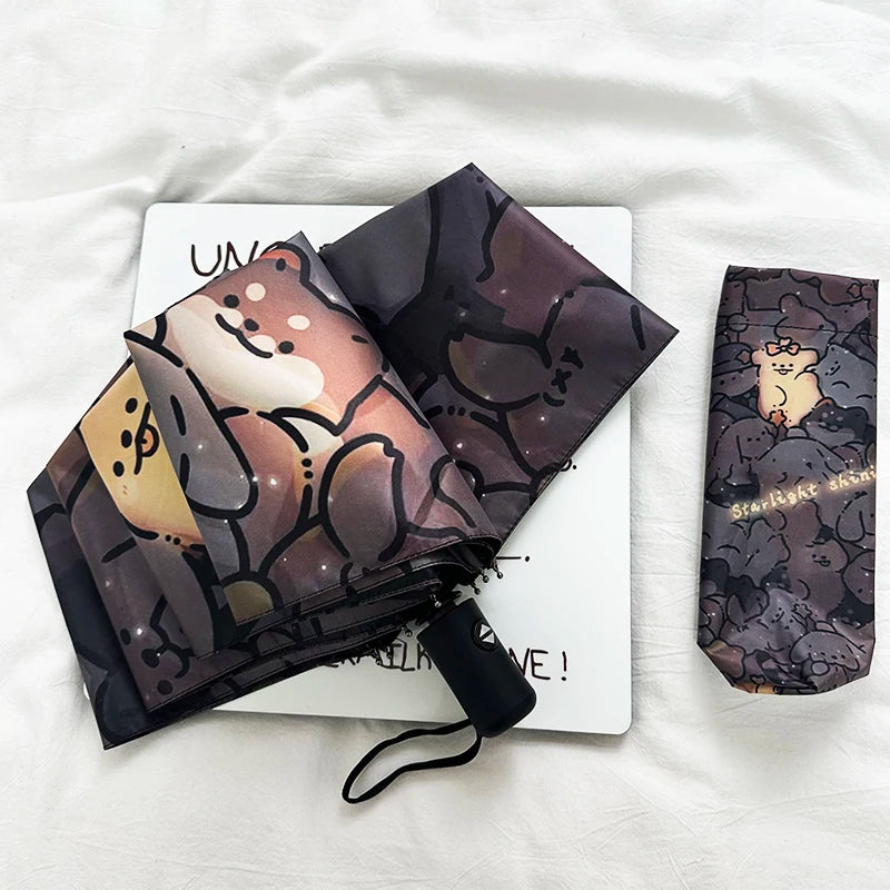 Automatic Fold Umbrella with Shiny Puppy Design | All-Weather UV Sunshade | High - End Ins Style for Women