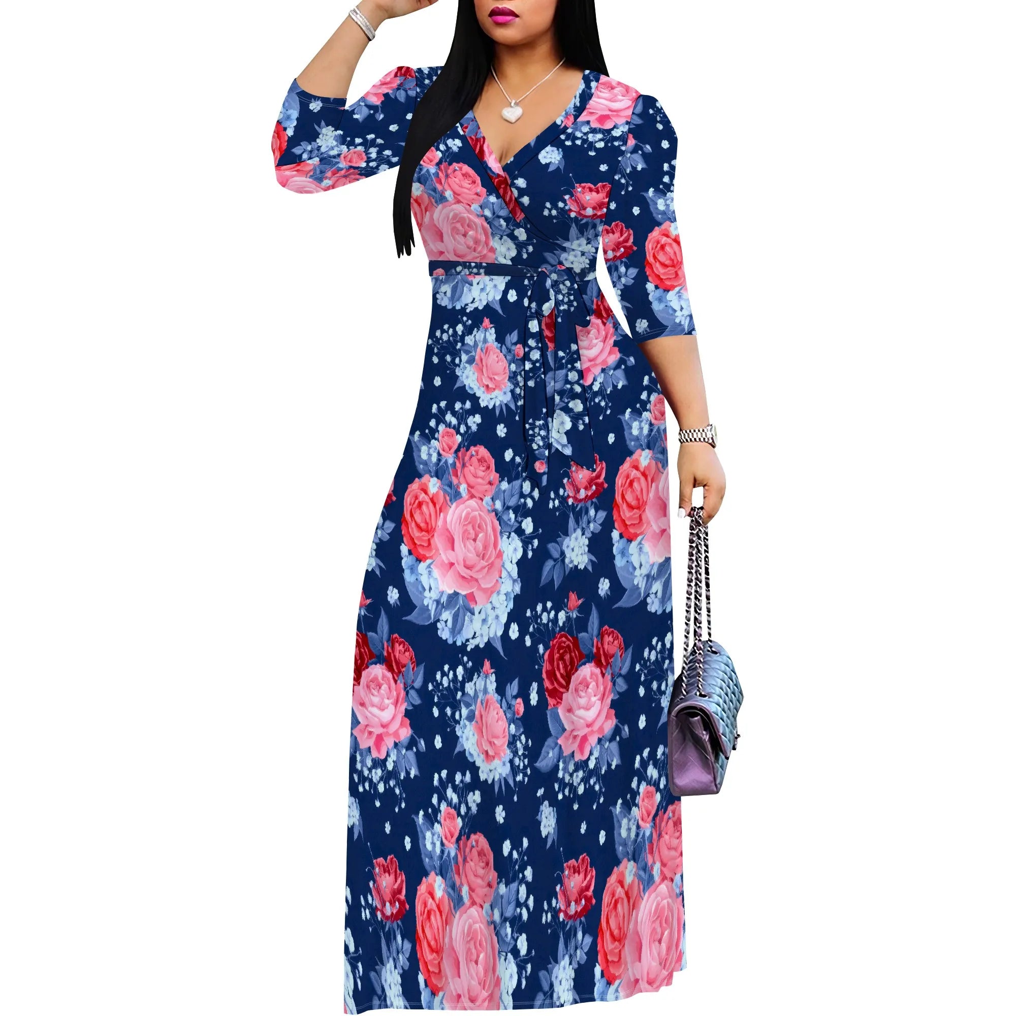 White Chain Rose Print Maxi Dress Women Elegant Floral Belted V Neck Summer Fashion