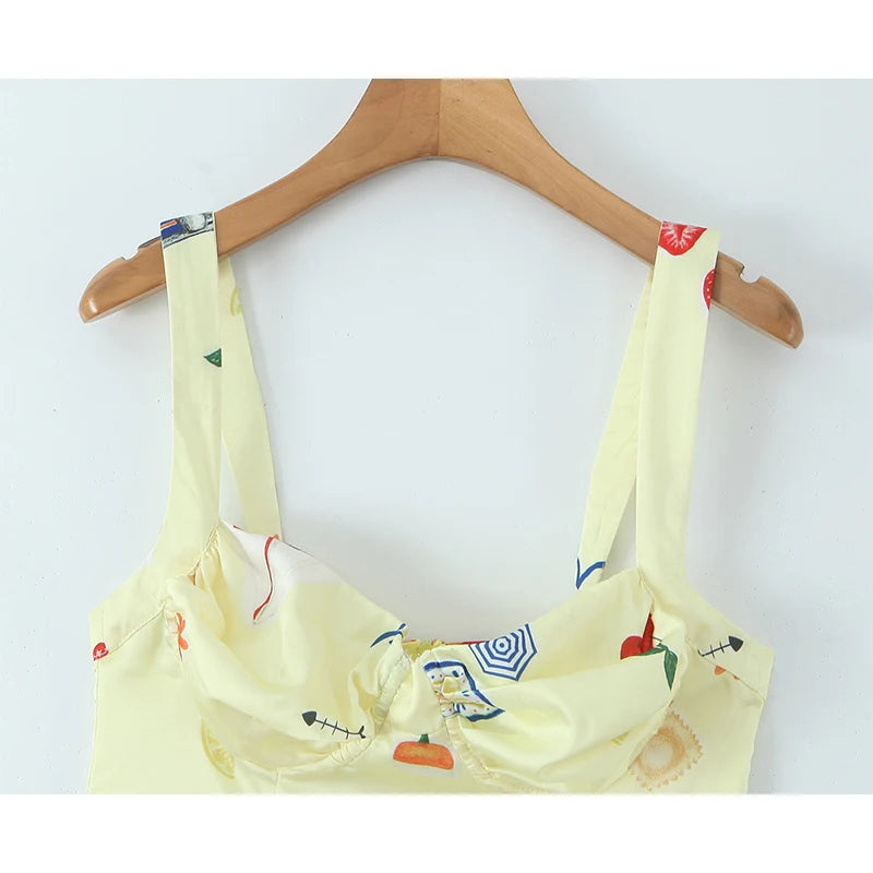 Cute Print Yellow Sexy Corset Style Sling Mini Dresses Women Summer A-line Holiday Dress Backless Robe