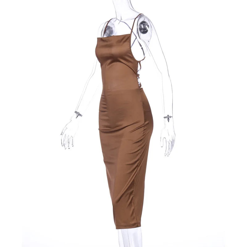 Neon Satin Lace Up Women's Long Midi Dress Light Pink Bodycon Backless Elegant Party Sexy Club Clothes Summer Dinner Outfit