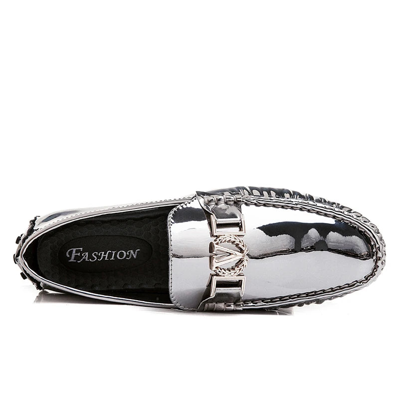 New Cool Male Formal Dress Shoes Silver Casual Moccasin Shoes for Men Large Size 38-48 Youth Fashion Popular Driving Loafers