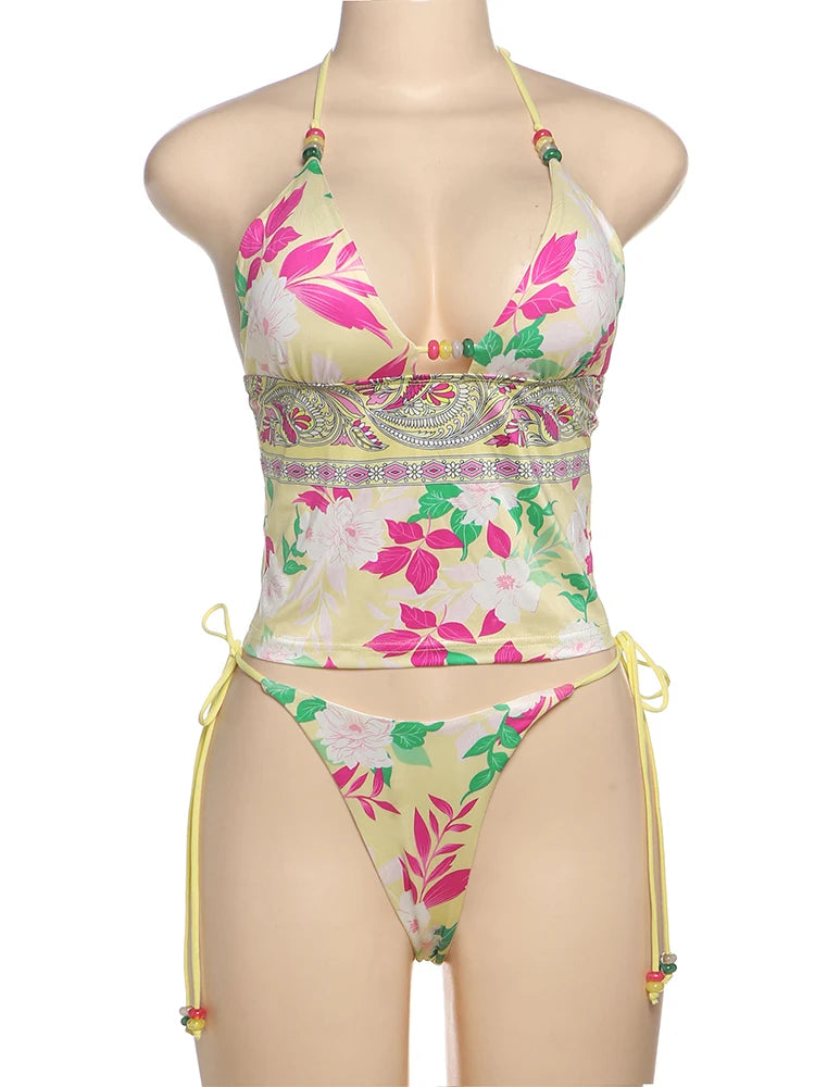 Lotus Print 2 Piece Set Women Halter Low-Neck Backless Tank Tops + Shirring Thong Vacation Fashion Beach Style Swimsuit