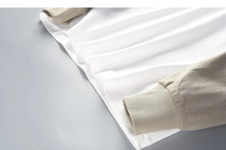 Autumn New American Retro Long Sleeve O-neck Contrast Splicing T-shirt Men's Fashion 100% Cotton Washed Old Casual Sport Tops