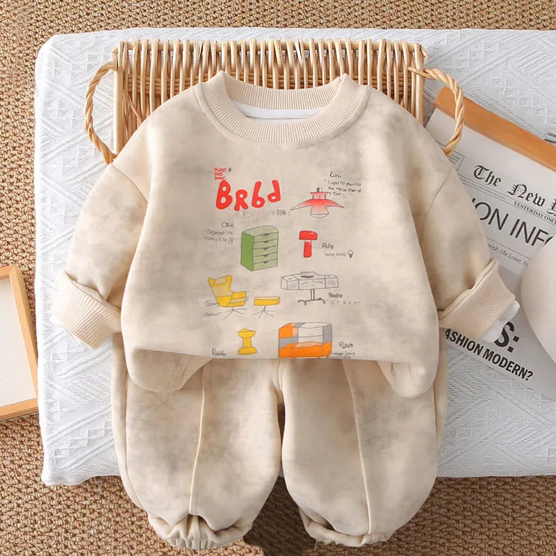 New Autumn Children Sweatshirt Set Sweet Cartoon Boys Hoodie + Sweatpants Kids 2PCS Printing Casual Suit 1-5T Unisex