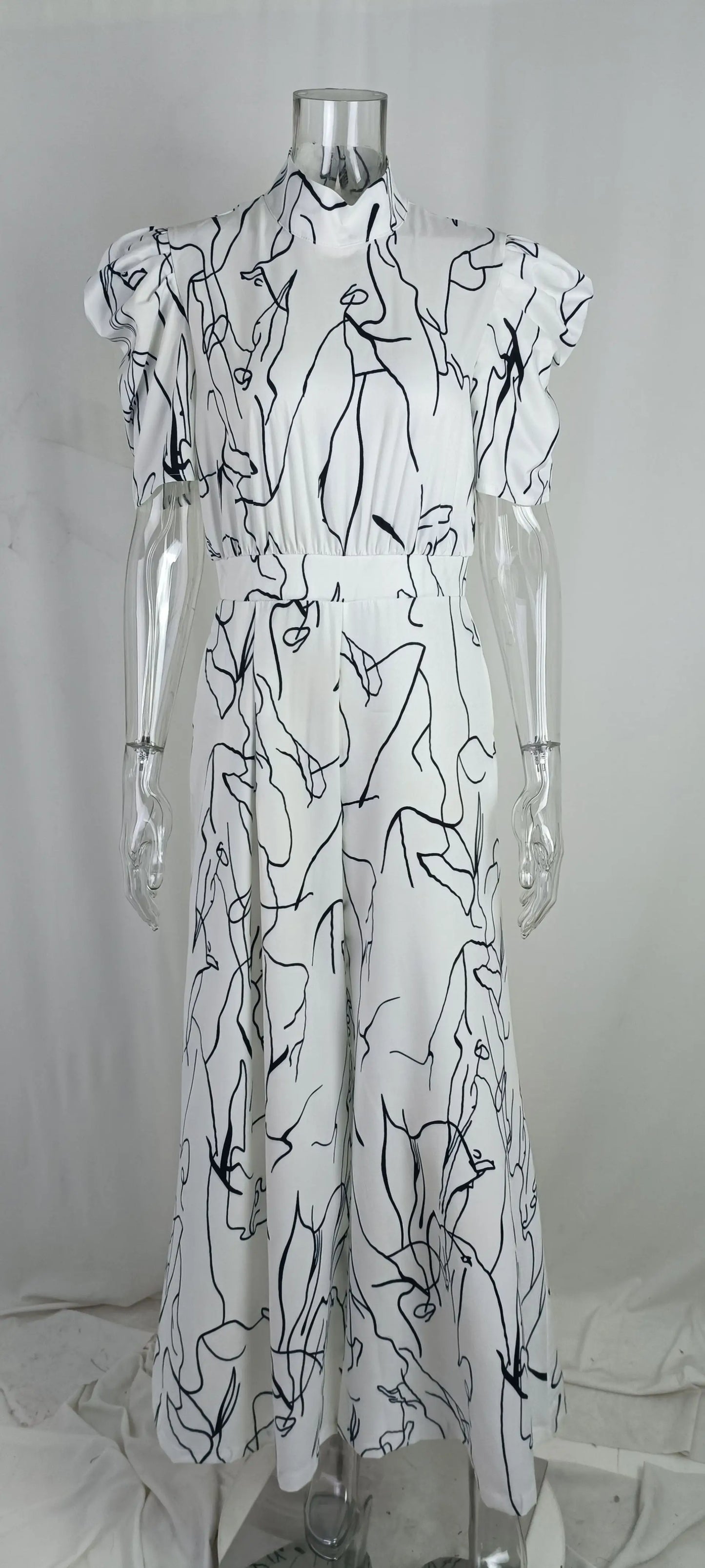 Women Jumpsuit Loose Fashion Elegant Long Pants Short Sleeve Halterneck Art Print Sets High Streetwear