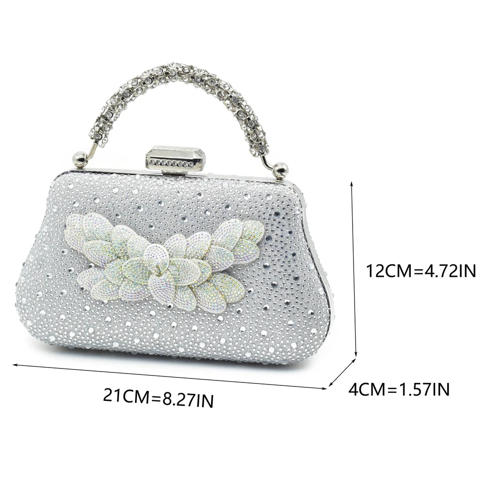 Women High Heel Pointed-Toe Italian Shoes and Bags Matching Set for Ladies Decorated With Rhinestone and Paired with Handmade Petal