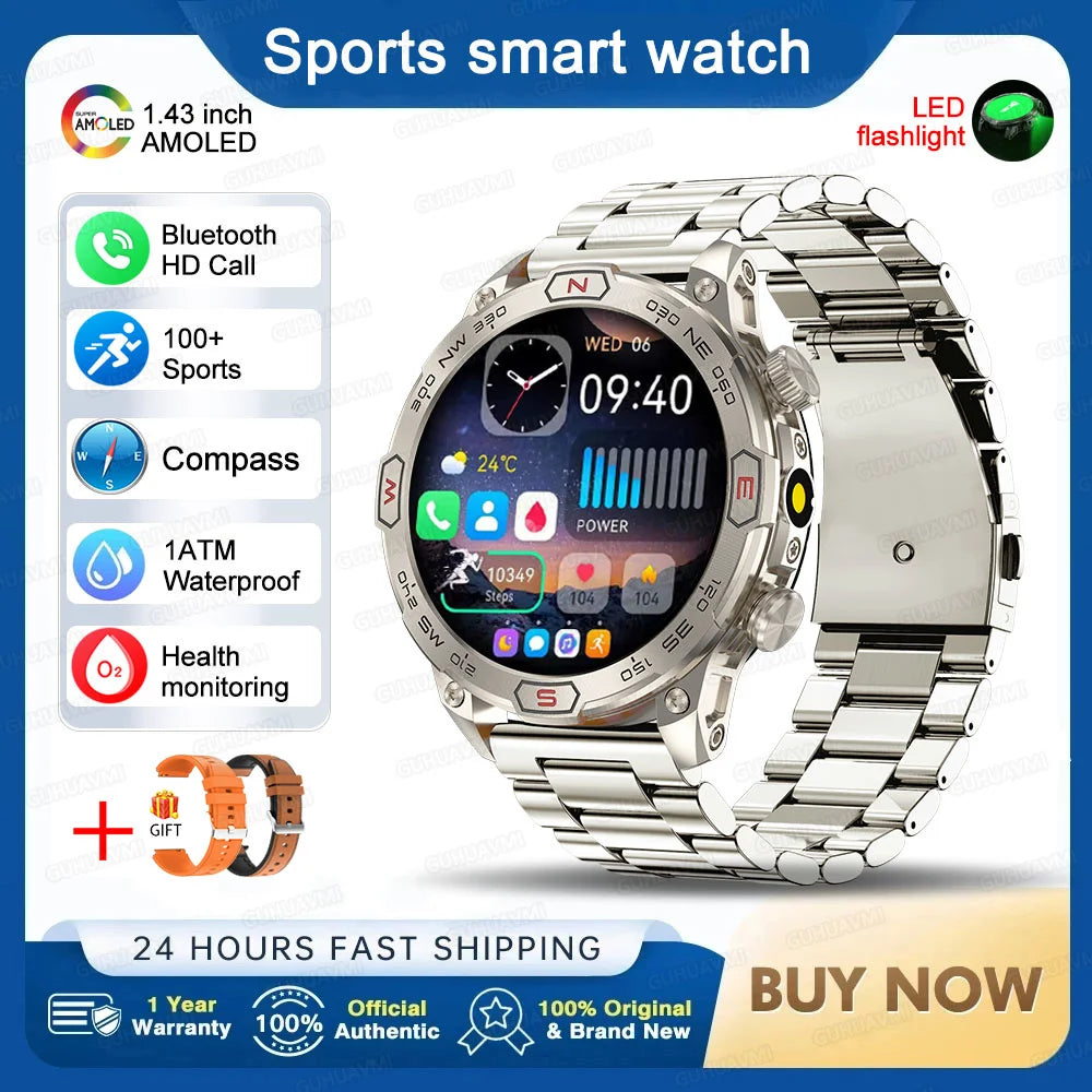 Outdoor Military Smart Watch Men Compass GPS Track Bluetooth Call IP68 Waterproof AMOLED Screen Smartwatch Compatible with Android IOS