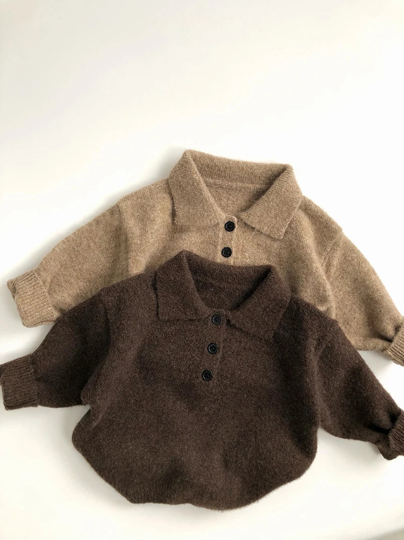 Autumn New Boys Clothes Kids Knit Turn Down Collar Sweater Children's Trendy Solid Colour Pullover Girls Outwear 1-6Y Unisex