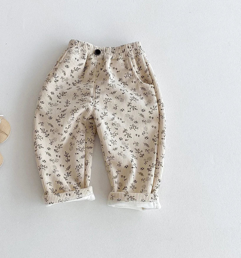 Autumn Kids Baby Pants Thickened Fleece Lining Floral Girls Trousers Warm Fashion Leopard Print Boys Pants Outwear 1-5Y Unisex
