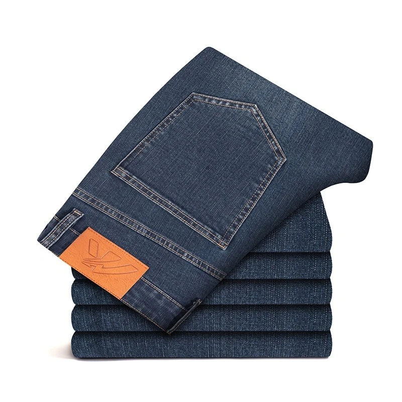 2025 Dunne of dikke stoffen kantoor- en zakenjeans voor heren, klassiek blauw, zwart, katoenen stretch, rechte denimbroek, herenmerkbroeken