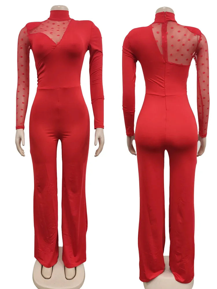 Women Dot Mesh Patchwork Long Sleeve Straight Jumpsuit