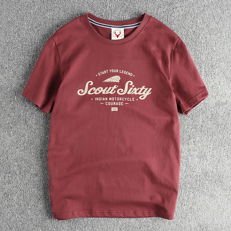 Zomer Nieuw Amerikaans Retro T-shirt met korte mouwen, ronde hals en Indiase letters, eenvoudig, 100% katoen, gewassen, casual, jeugdtops voor heren