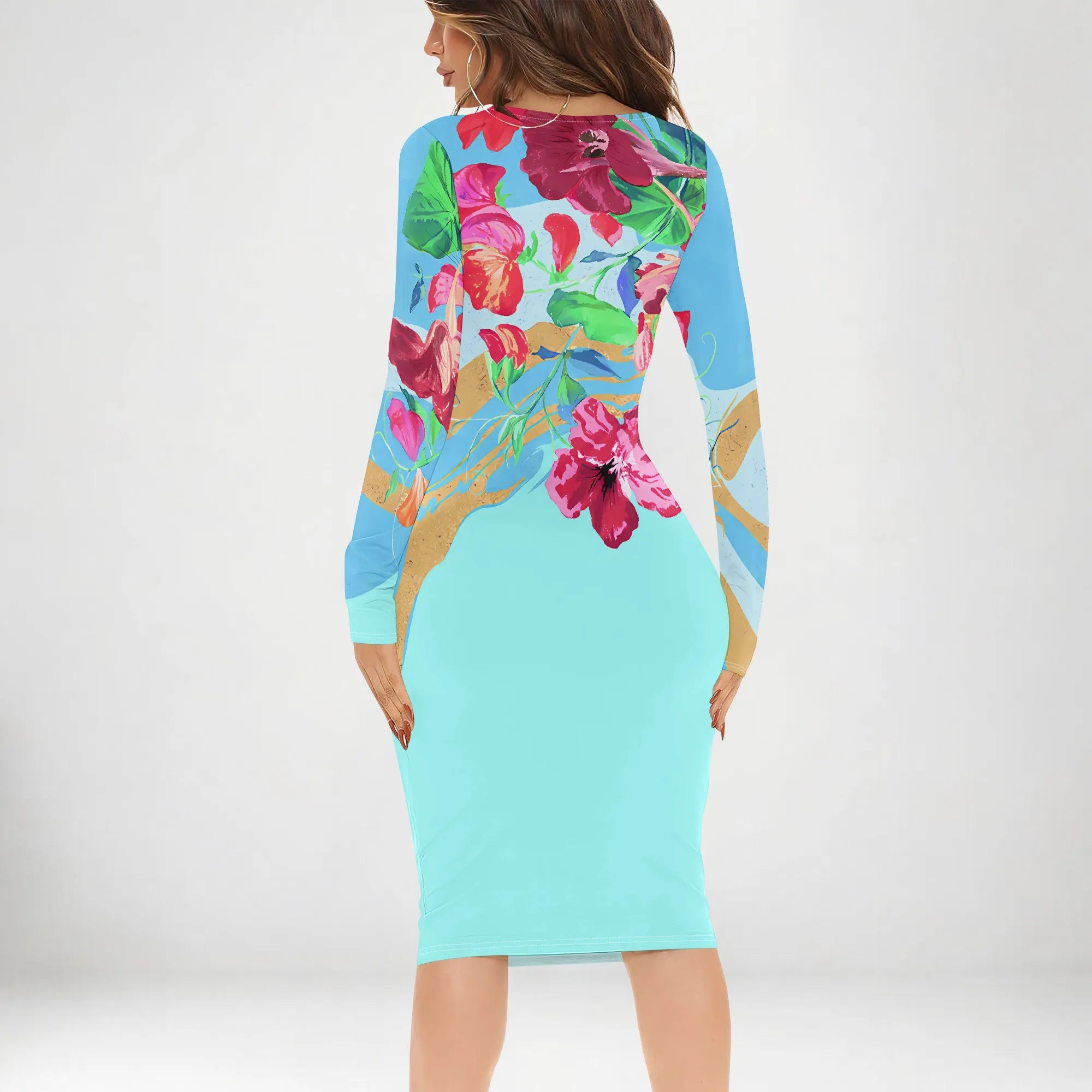 Womens Bodycon White Dark Blue line Flower Print Round Neck Ruffle Ruched Party Knee Length Pencil Dress