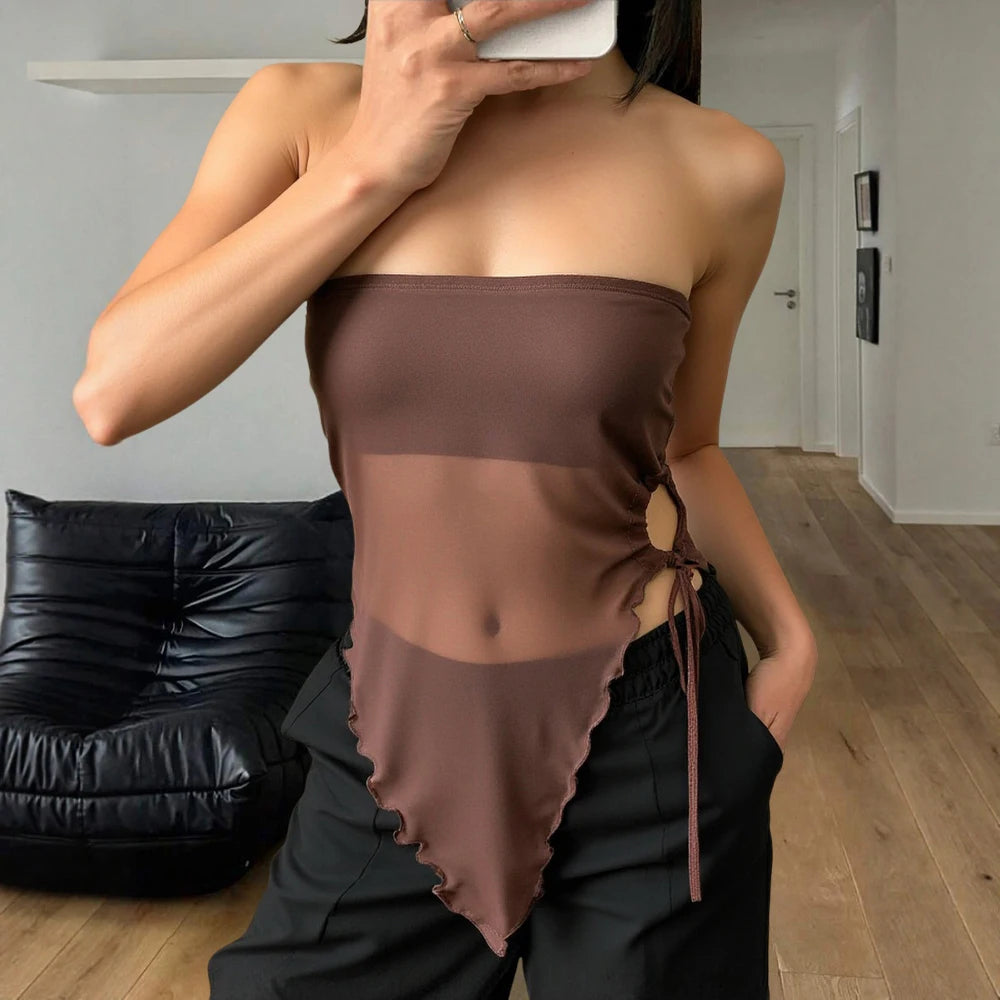 Women's Tanks Summer French Trendy Plain Cut Out Asymmetrical Hem Sleeveless Off Shoulder Tube Milkmaid Tanks