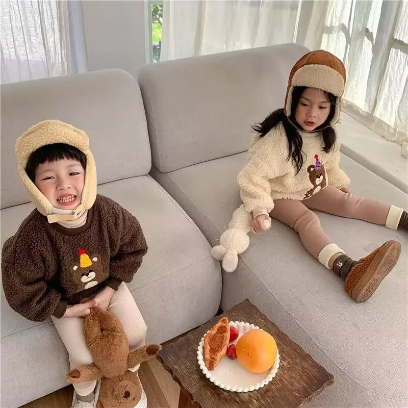 New Autumn Kids Leggings Girls Cute Bear Fur Padded Skinny Pants Children Warm Cartoon Elastic Leggings 4-6Y Girls